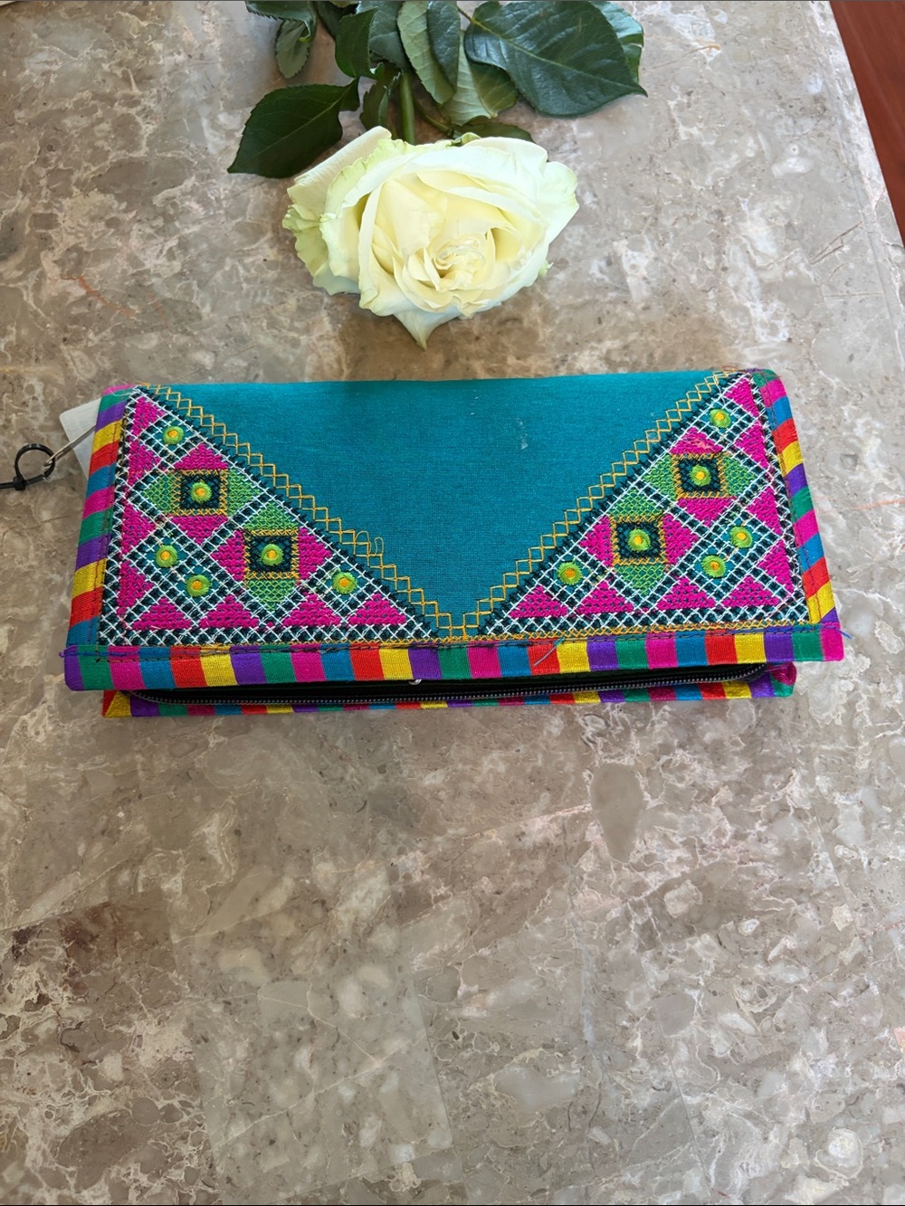 Turquoise Embroidered Foldover Clutch Wallet - Multicolor Accent